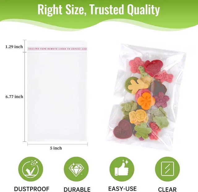 Alt view image 2 of 6 - Cookie Bags 5×7 Inch Clear 200 Pcs, Self Seal Cellophane Bags Food Grade, Resealable Transparent Treat Wrappers for Cookies Candy Snacks Birthday Wedding Party Favors