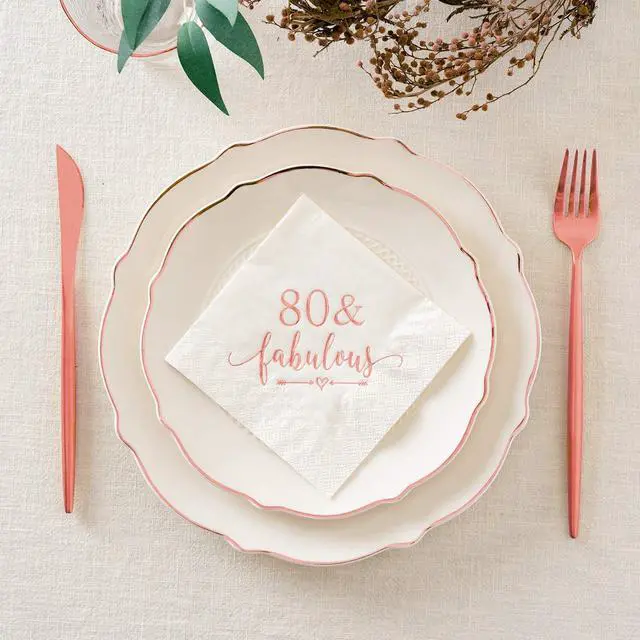 Alt view image 2 of 6 - Crisky 80 and Fabulous Cocktail Napkins Rose Gold for Women 80th Birthday Decorations, 80th Birthday Bevergae Dessert Cake Table Supplies, 50Pcs, 3-Ply