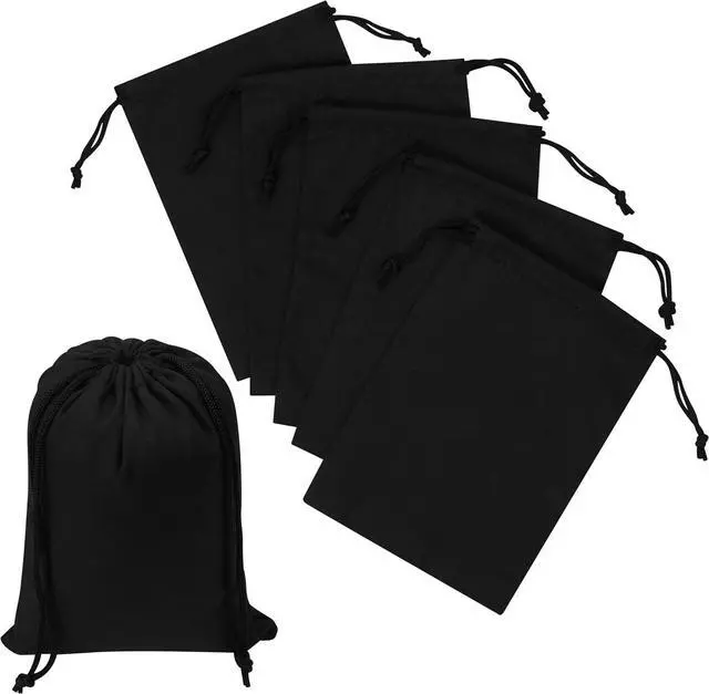 Main image of Black Cotton Drawstring Bags, Reusable Quality with Double String, For Pantry Gifts Stationery - Pack of 6 (Black Cotton Blend, 5 x 7 Inch)