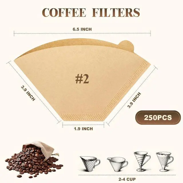 Alt view image 5 of 7 - 250 Count Coffee Filters #2, Premiun Unbleached Natural No Blowout, 2-4 Cup