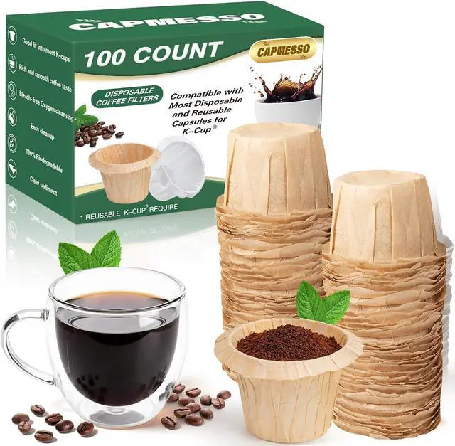Main image of CAPMESSO Disposable Coffee Paper Filters, 100 Count Keurg Cup Coffee Filters Compatible with Keurg Brewers Reusable Single Serve 1.0 and 2.0 Coffee Maker (100 Count, Unbleached)