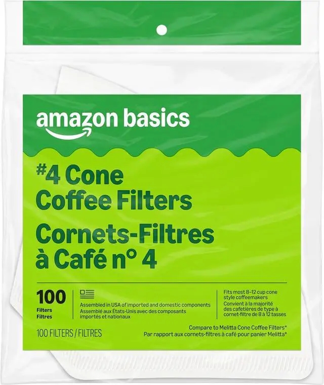 Main image of Amazon Basics Number 4 Cone Coffee Filters for 8-12 Cup Coffee Makers, White, 100 Count