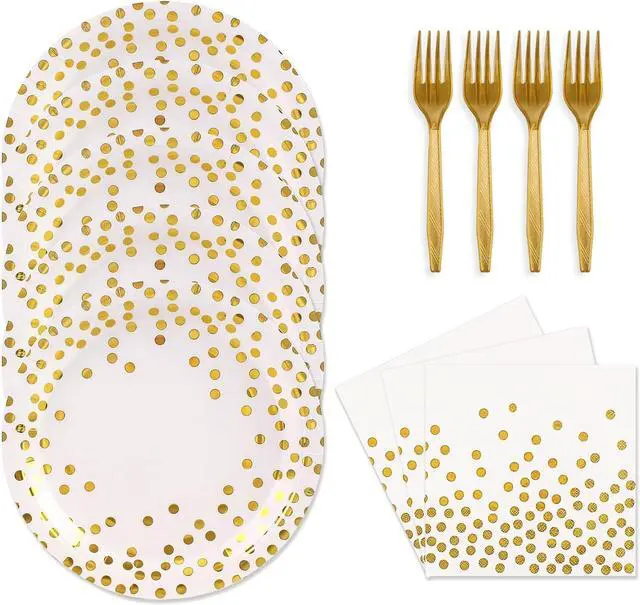 Main image of 48PCS White and Gold Plates and Napkins Party Supplies, Gold Dot Disposable Party Paper Plates and Napkins with Forks Tableware Set for Wedding Baby Shower Birthday Decorations 16 Guests