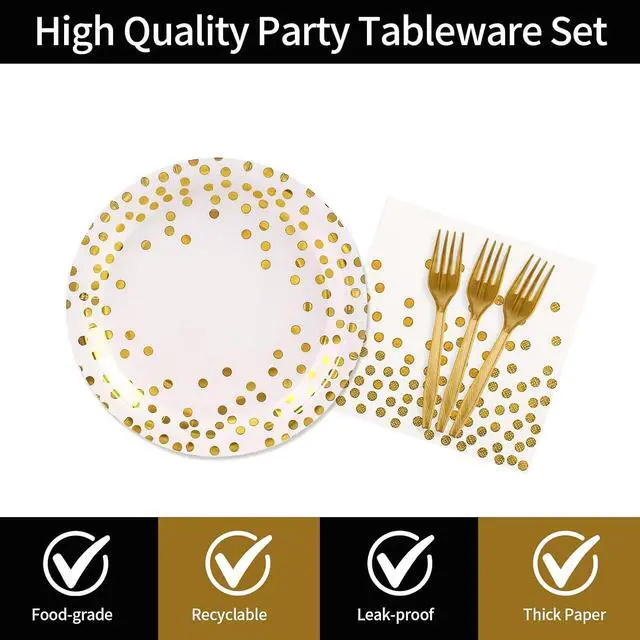 Alt view image 3 of 7 - 48PCS White and Gold Plates and Napkins Party Supplies, Gold Dot Disposable Party Paper Plates and Napkins with Forks Tableware Set for Wedding Baby Shower Birthday Decorations 16 Guests