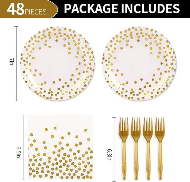 Alt view image 2 of 7 - 48PCS White and Gold Plates and Napkins Party Supplies, Gold Dot Disposable Party Paper Plates and Napkins with Forks Tableware Set for Wedding Baby Shower Birthday Decorations 16 Guests