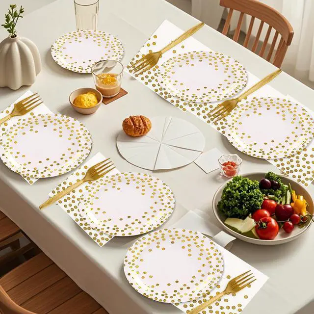 Alt view image 6 of 7 - 48PCS White and Gold Plates and Napkins Party Supplies, Gold Dot Disposable Party Paper Plates and Napkins with Forks Tableware Set for Wedding Baby Shower Birthday Decorations 16 Guests