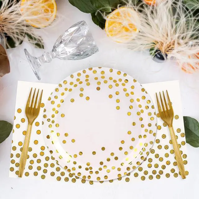 Alt view image 5 of 7 - 48PCS White and Gold Plates and Napkins Party Supplies, Gold Dot Disposable Party Paper Plates and Napkins with Forks Tableware Set for Wedding Baby Shower Birthday Decorations 16 Guests