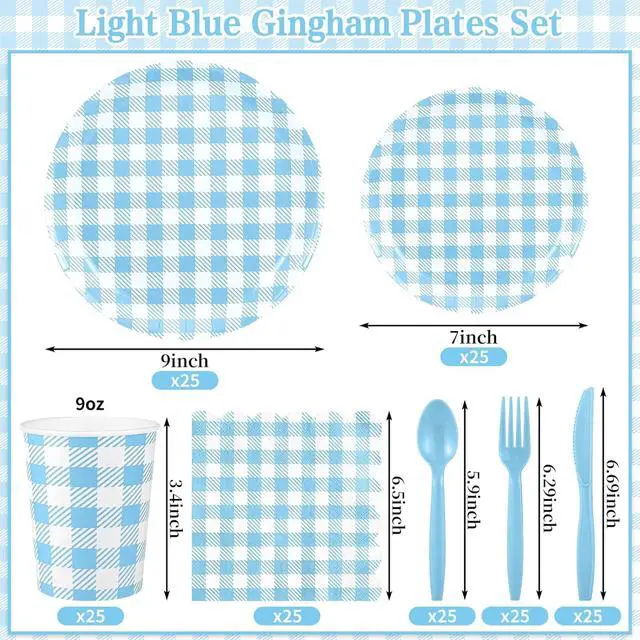 Alt view image 2 of 7 - NatNarr 175 Pcs Blue Gingham Party Supplies Set For 25 Guests