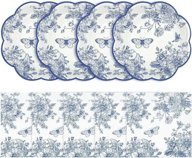 Main image of NatNarr 50 Pcs Blue Floral Plates and Napkins, Blue Floral Party Supplies