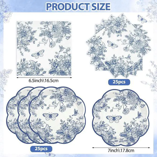 Alt view image 2 of 7 - NatNarr 50 Pcs Blue Floral Plates and Napkins, Blue Floral Party Supplies
