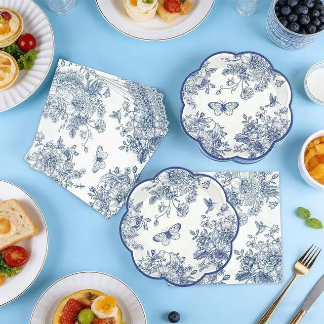 Alt view image 3 of 7 - NatNarr 50 Pcs Blue Floral Plates and Napkins, Blue Floral Party Supplies
