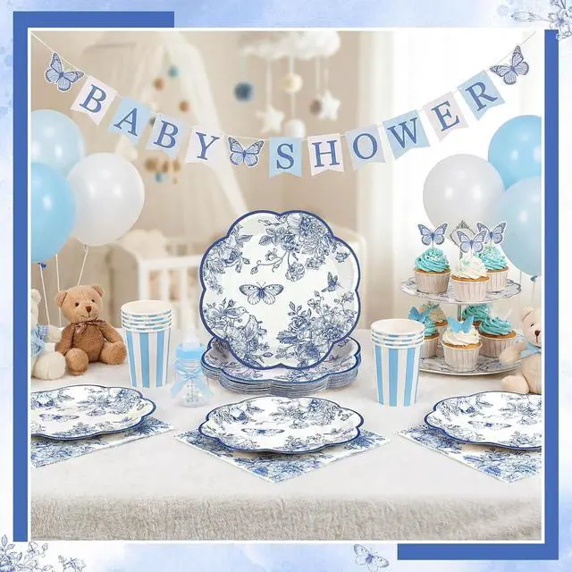 Alt view image 5 of 7 - NatNarr 50 Pcs Blue Floral Plates and Napkins, Blue Floral Party Supplies