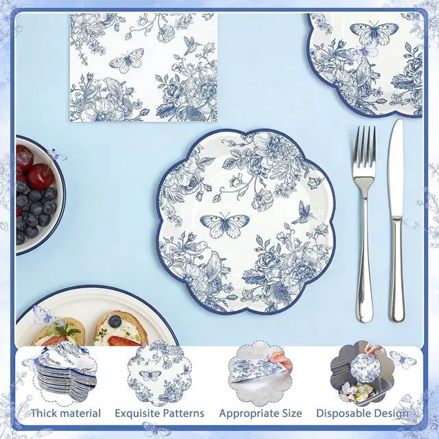 Alt view image 4 of 7 - NatNarr 50 Pcs Blue Floral Plates and Napkins, Blue Floral Party Supplies
