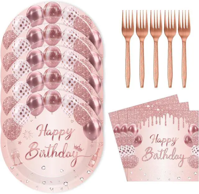 Main image of 75 Pcs Rose Gold Birthday Party Paper Plates and Napkins Decorations, 7inch Elegant Balloon Cake Dessert Plates with Napkins and Forks Disposable Tableware Set for Happy Birthday Party Decorations