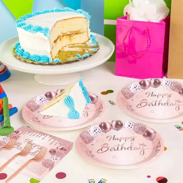 Alt view image 2 of 7 - 75 Pcs Rose Gold Birthday Party Paper Plates and Napkins Decorations, 7inch Elegant Balloon Cake Dessert Plates with Napkins and Forks Disposable Tableware Set for Happy Birthday Party Decorations
