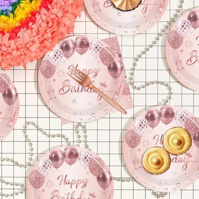 Alt view image 4 of 7 - 75 Pcs Rose Gold Birthday Party Paper Plates and Napkins Decorations, 7inch Elegant Balloon Cake Dessert Plates with Napkins and Forks Disposable Tableware Set for Happy Birthday Party Decorations