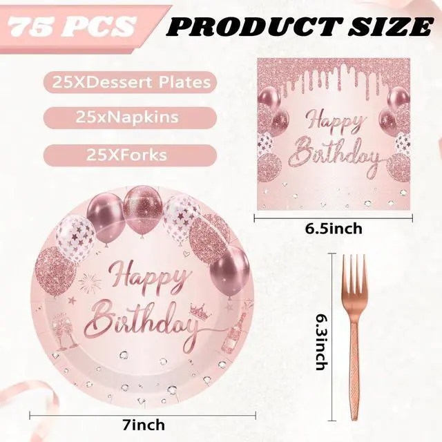Alt view image 5 of 7 - 75 Pcs Rose Gold Birthday Party Paper Plates and Napkins Decorations, 7inch Elegant Balloon Cake Dessert Plates with Napkins and Forks Disposable Tableware Set for Happy Birthday Party Decorations