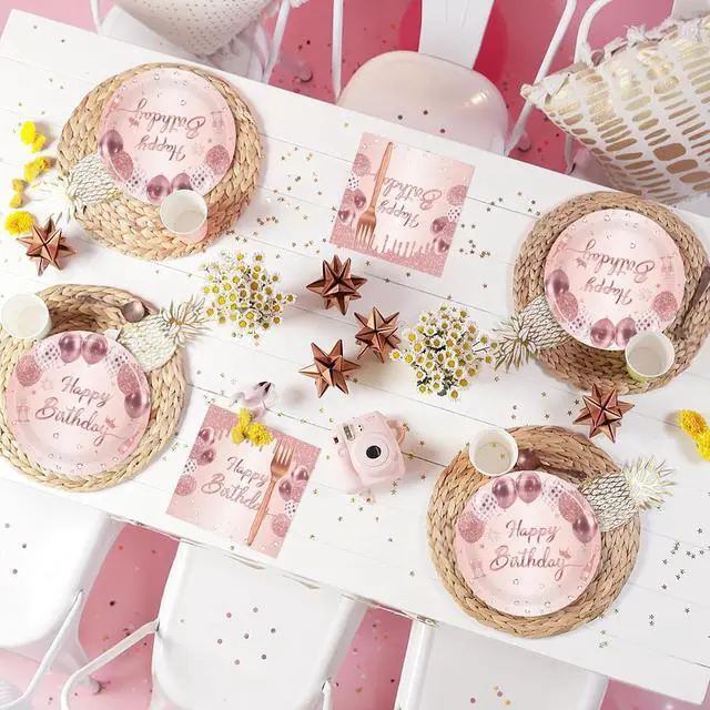Alt view image 7 of 7 - 75 Pcs Rose Gold Birthday Party Paper Plates and Napkins Decorations, 7inch Elegant Balloon Cake Dessert Plates with Napkins and Forks Disposable Tableware Set for Happy Birthday Party Decorations