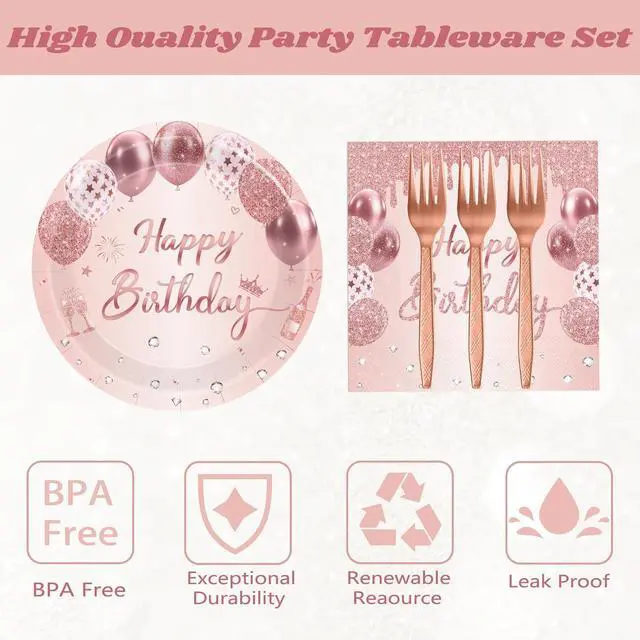 Alt view image 3 of 7 - 75 Pcs Rose Gold Birthday Party Paper Plates and Napkins Decorations, 7inch Elegant Balloon Cake Dessert Plates with Napkins and Forks Disposable Tableware Set for Happy Birthday Party Decorations