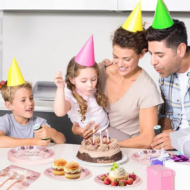 Alt view image 6 of 7 - 75 Pcs Rose Gold Birthday Party Paper Plates and Napkins Decorations, 7inch Elegant Balloon Cake Dessert Plates with Napkins and Forks Disposable Tableware Set for Happy Birthday Party Decorations