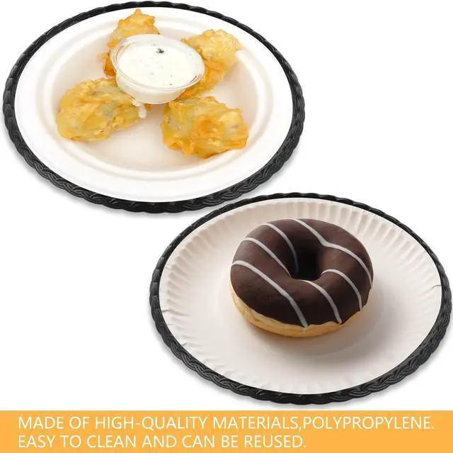 Alt view image 4 of 6 - MIDELONG Reusable Plastic Paper Plate Holders, 9 Inch Round Paper Plate Holders Woven Paper Plate Holder Black Plastic Heavy Duty Supports for Party BBQ Picnic Supplies, Pack of 4