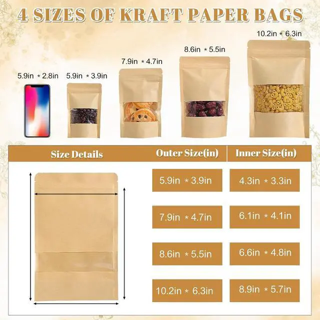 Alt view image 2 of 6 - Wsicse 100 Pcs Kraft Stand Up Pouches With Window, 4 Sizes, Brown