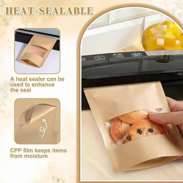 Alt view image 4 of 6 - Wsicse 100 Pcs Kraft Stand Up Pouches With Window, 4 Sizes, Brown