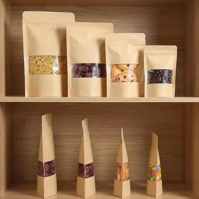 Alt view image 6 of 6 - Wsicse 100 Pcs Kraft Stand Up Pouches With Window, 4 Sizes, Brown