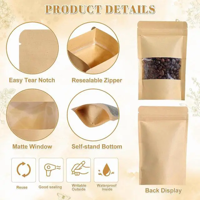 Alt view image 3 of 6 - Wsicse 100 Pcs Kraft Stand Up Pouches With Window, 4 Sizes, Brown