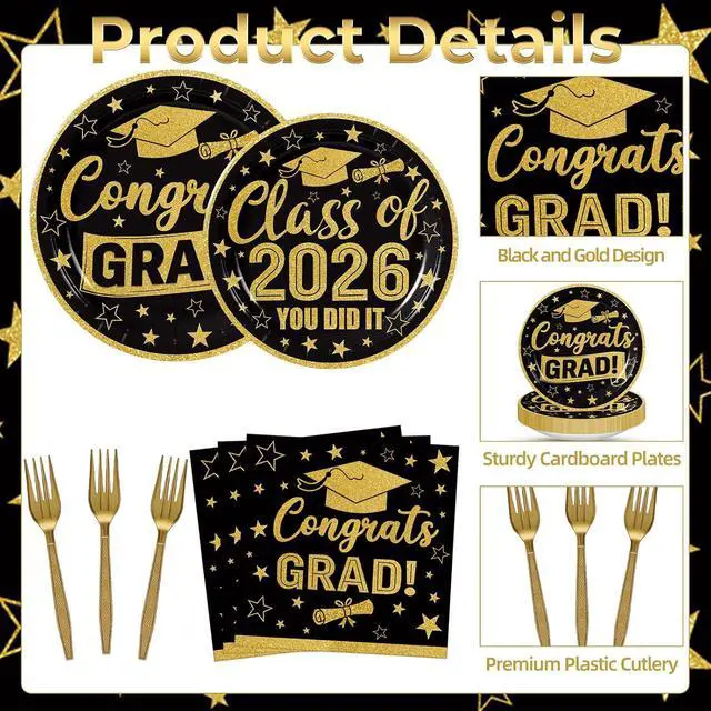 Alt view image 2 of 7 - 100 Pcs Graduation Party Supplies Set, Serves 25 Disposable Black and Gold Graduation Paper Plates, Napkins, and Forks, Congrats Grad Dinnerware for Class of 2026, Prom Party Decorations