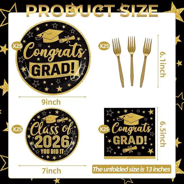 Alt view image 3 of 7 - 100 Pcs Graduation Party Supplies Set, Serves 25 Disposable Black and Gold Graduation Paper Plates, Napkins, and Forks, Congrats Grad Dinnerware for Class of 2026, Prom Party Decorations