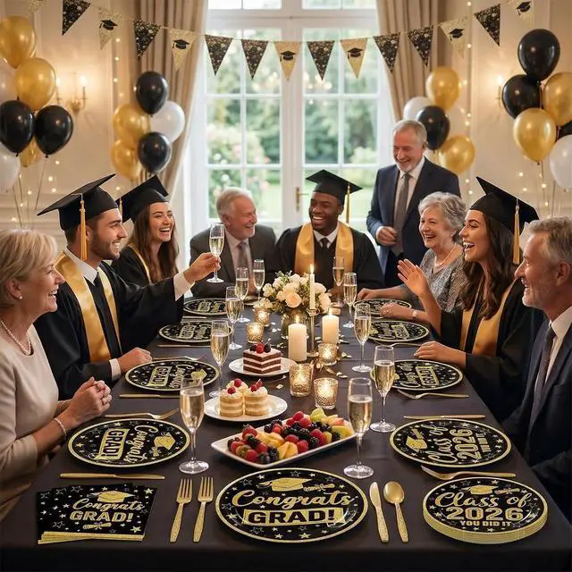 Alt view image 4 of 7 - 100 Pcs Graduation Party Supplies Set, Serves 25 Disposable Black and Gold Graduation Paper Plates, Napkins, and Forks, Congrats Grad Dinnerware for Class of 2026, Prom Party Decorations