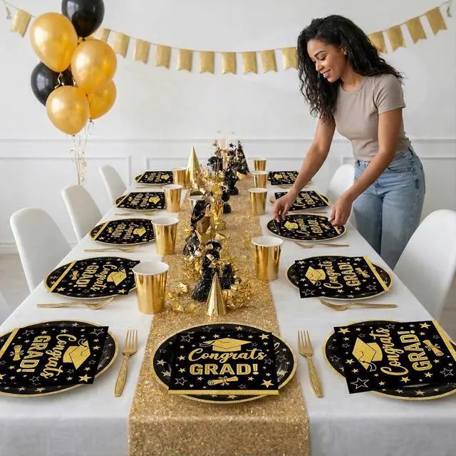 Alt view image 5 of 7 - 100 Pcs Graduation Party Supplies Set, Serves 25 Disposable Black and Gold Graduation Paper Plates, Napkins, and Forks, Congrats Grad Dinnerware for Class of 2026, Prom Party Decorations