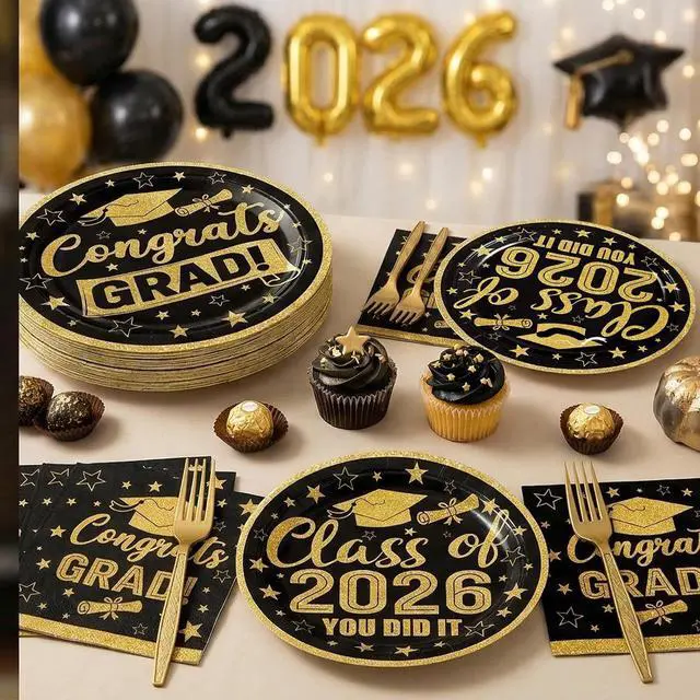 Alt view image 6 of 7 - 100 Pcs Graduation Party Supplies Set, Serves 25 Disposable Black and Gold Graduation Paper Plates, Napkins, and Forks, Congrats Grad Dinnerware for Class of 2026, Prom Party Decorations
