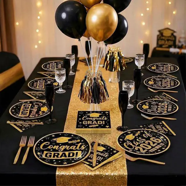 Alt view image 7 of 7 - 100 Pcs Graduation Party Supplies Set, Serves 25 Disposable Black and Gold Graduation Paper Plates, Napkins, and Forks, Congrats Grad Dinnerware for Class of 2026, Prom Party Decorations