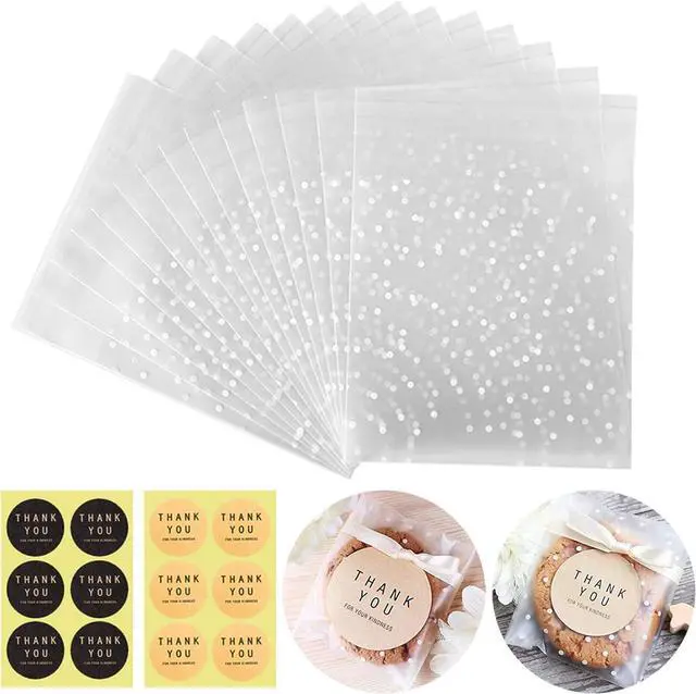 Main image of Self Adhesive Cookie Cellophane Treat Bags with Seal 4x4 Inches, 4 Mils Self Sealing Resealable Plastic Packaging Bags with Thank You Labels for Gift Giving Party Favor Bakery Candy Chocolate 100 Pcs