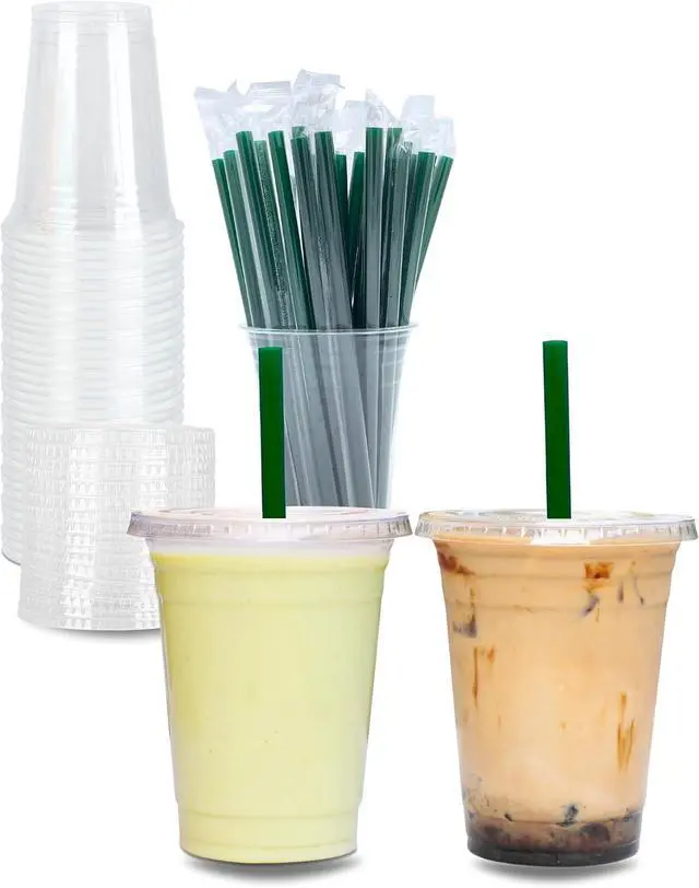 Main image of Aatriet 12 oz Clear Plastic Cups with Lids and STRAWS, Disposable Party Cups for To Go Iced Coffee Cold Drinks, Smoothie, Juice, Parfait, Frappuccino, Milkshake. No Leaking Fruit Cup, 25 Sets
