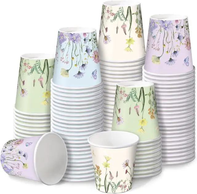 Main image of RUSPEPA 2 oz Bathroom Cups, Disposable Paper Cups - 100 Pack Set Wild Flower Design Printed - Mini Mouthwash Rinse Paper Cups for Home, Bathroom, Picnic, Party, and Events