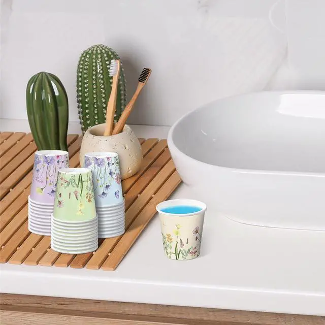 Alt view image 4 of 6 - RUSPEPA 2 oz Bathroom Cups, Disposable Paper Cups - 100 Pack Set Wild Flower Design Printed - Mini Mouthwash Rinse Paper Cups for Home, Bathroom, Picnic, Party, and Events