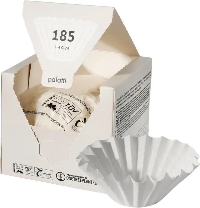 Main image of Palatti 185 Basket Coffee Paper Filters (100 count, 2-4 cups) for Flat Bottom Pour Over Makers and Drippers, with a Paper Box as a Convenient Filter Holder