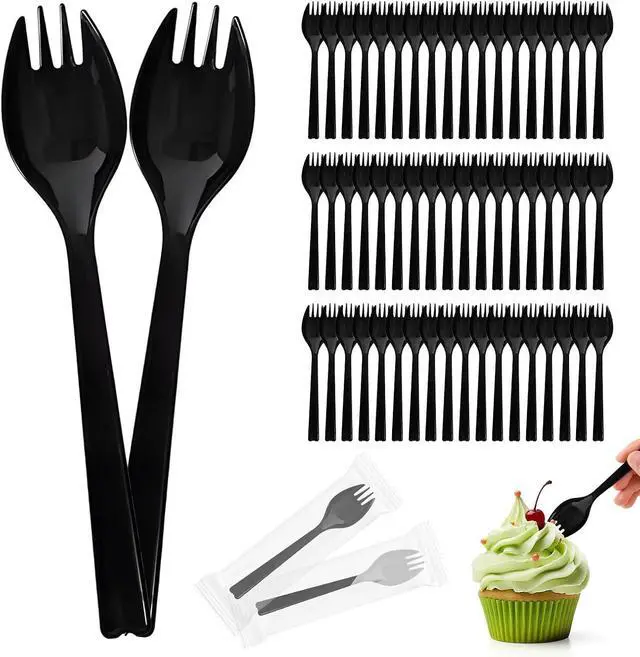 Main image of 50Pcs Long Handle Individually Wrapped Sporks, 6.3 Inch Large Disposable Plastic Fork Spoon, Heavy Weight Utensils for Catering, Takeout, Events, Office & School Lunches