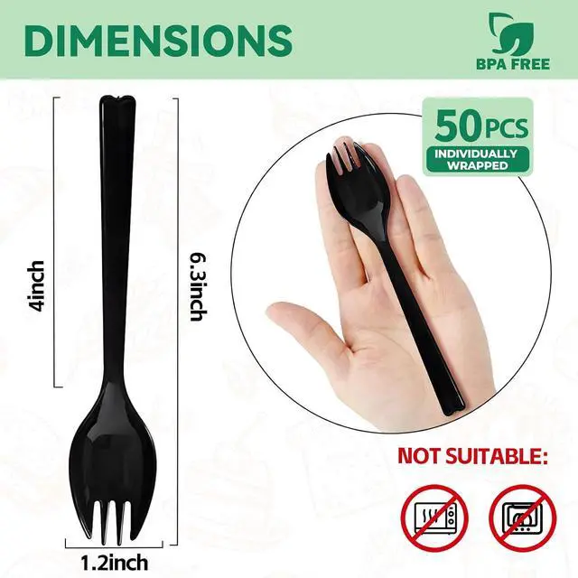 Alt view image 2 of 6 - 50Pcs Long Handle Individually Wrapped Sporks, 6.3 Inch Large Disposable Plastic Fork Spoon, Heavy Weight Utensils for Catering, Takeout, Events, Office & School Lunches