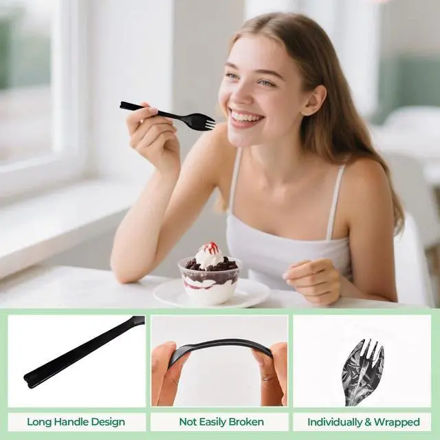 Alt view image 4 of 6 - 50Pcs Long Handle Individually Wrapped Sporks, 6.3 Inch Large Disposable Plastic Fork Spoon, Heavy Weight Utensils for Catering, Takeout, Events, Office & School Lunches