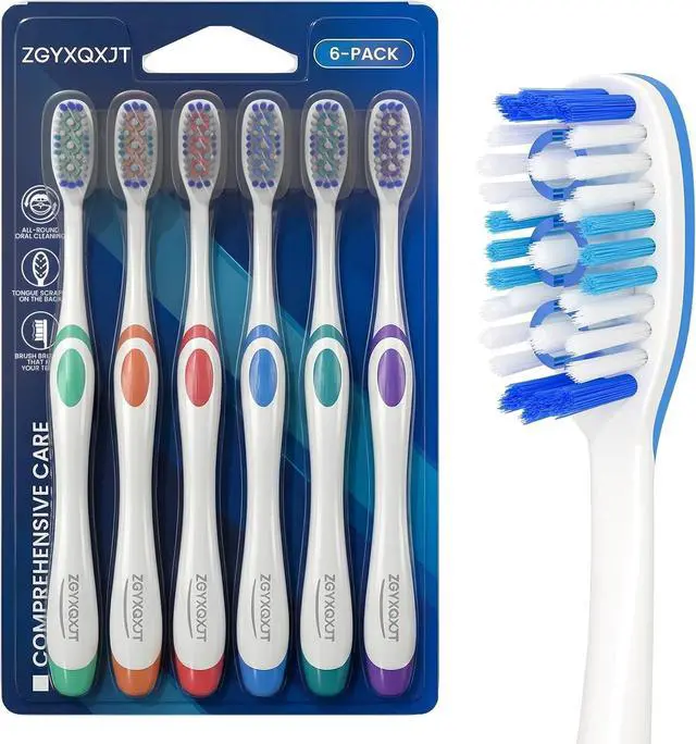 Main image of Hard Bristle Toothbrush for Adults, Manual with Wavy Bristles & Tongue Cleaner, Effective Teeth Cleaning & Breath Care 6 Pack