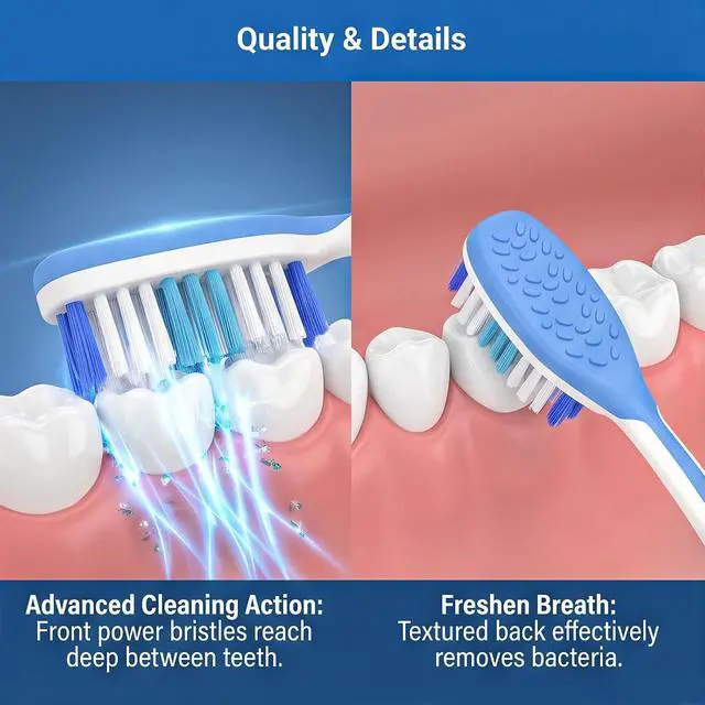 Alt view image 3 of 7 - Hard Bristle Toothbrush for Adults, Manual with Wavy Bristles & Tongue Cleaner, Effective Teeth Cleaning & Breath Care 6 Pack