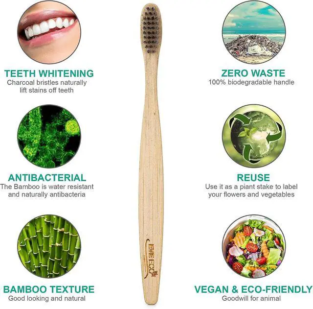 Alt view image 3 of 7 - 4 Count I Bamboo Toothbrush I Soft Bristles Best for Sensitive Gums I Charcoal I Vegan I Natural Wood I BPA Fee I Recyclable I Compostable I Biodegradable | Environmentally Friendly