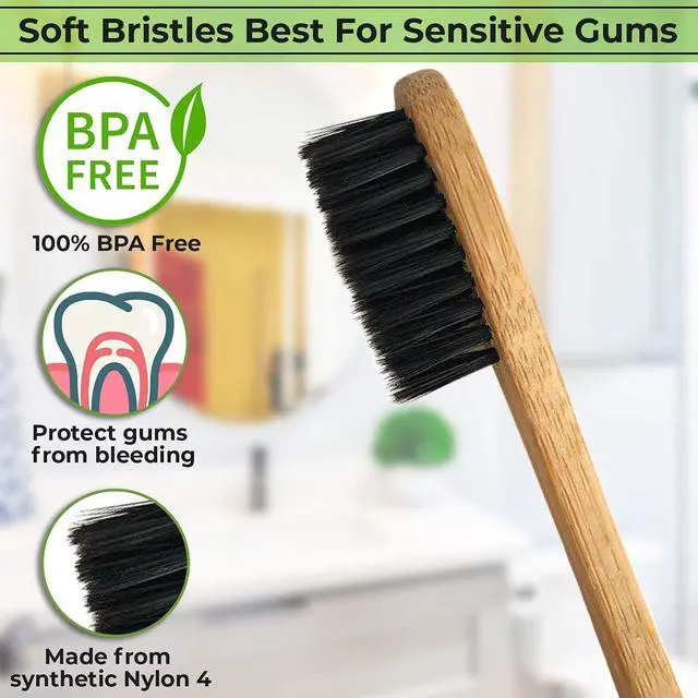 Alt view image 4 of 7 - 4 Count I Bamboo Toothbrush I Soft Bristles Best for Sensitive Gums I Charcoal I Vegan I Natural Wood I BPA Fee I Recyclable I Compostable I Biodegradable | Environmentally Friendly