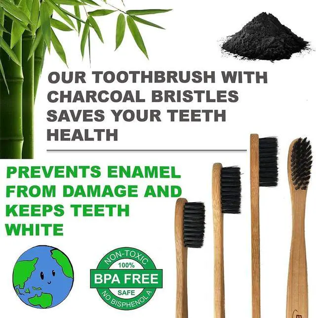 Alt view image 5 of 7 - 4 Count I Bamboo Toothbrush I Soft Bristles Best for Sensitive Gums I Charcoal I Vegan I Natural Wood I BPA Fee I Recyclable I Compostable I Biodegradable | Environmentally Friendly