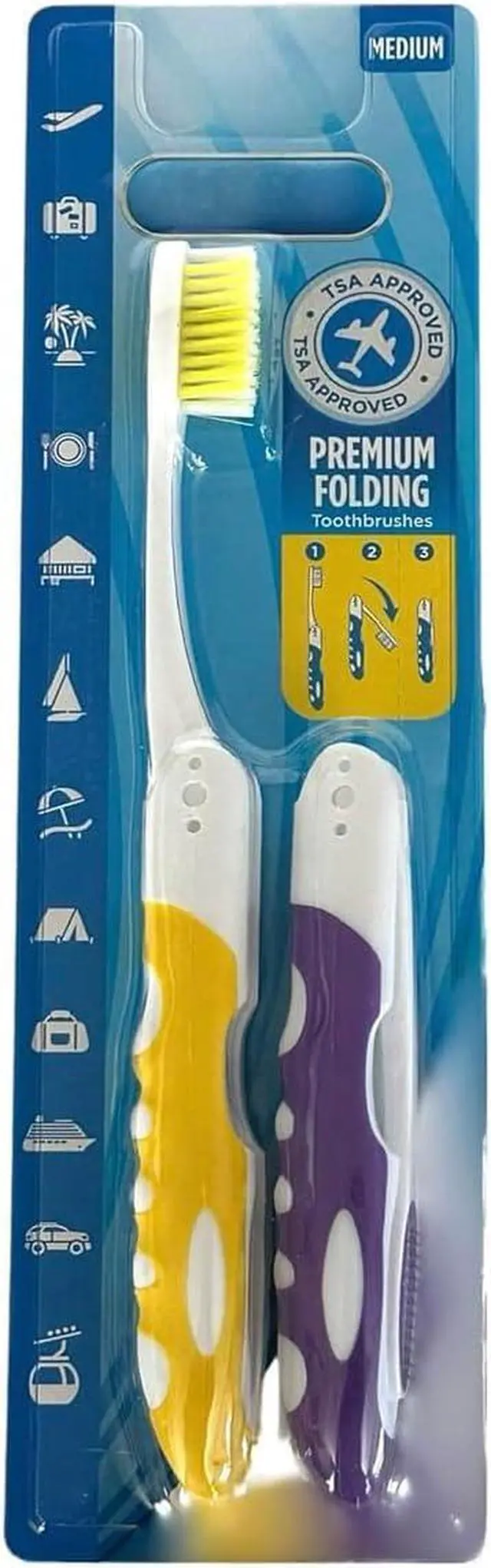 Main image of Pack of 2pc Comfort Hold Travel Toothbrush On The Go Folding Medium Bristle Brushes Compact Size Ergonomic Foldable Tooth Brush Camping Gym School Locker Backpack TSA Approved - Assorted Colors