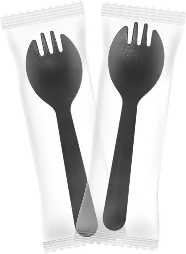 Main image of Mini Plastic Sporks Disposable Individually Wrapped, Black Forks and Spoons 2 in 1 Party Supply 4.3" 100 PCS